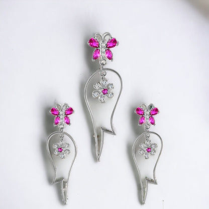 Pink Butterfly Sterling Silver Pendant & Earring Set(without Chain) For Women And Girls