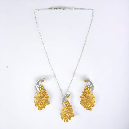 Gold Plating Peacock Pendant With Chain & Earring Set For Women And Girls