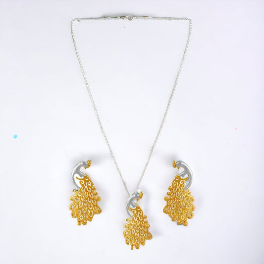 Gold Plating Peacock Pendant Chain & Earring Set For Women And Girls