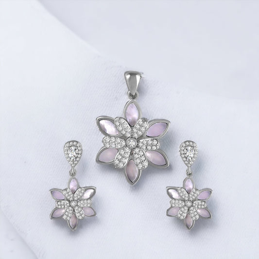 Sterling Silver Motif Flower Pendant And Earring Set For Women & Girls