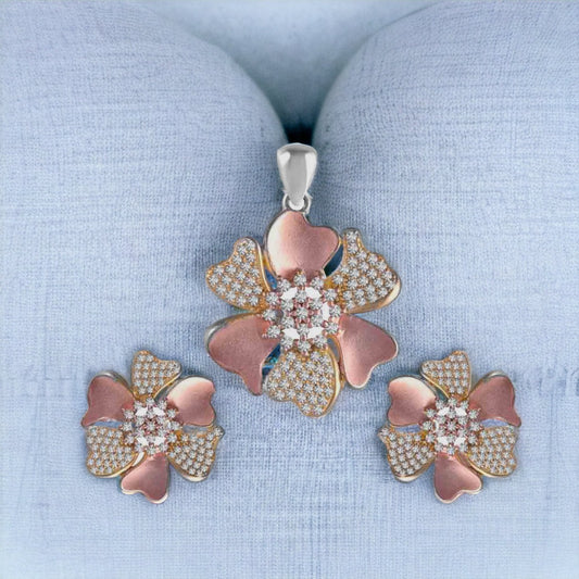 Rosegold Flower Pendant And Earring Set For Women & Girls