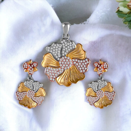 Blooming Gold Plated Pendant And Drop Earring Set For Women & Girls