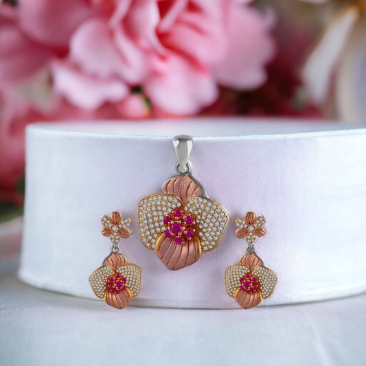 Petal With Pink Stone Flower Pendant And Earring Set For Women & Girls(Without Chain)