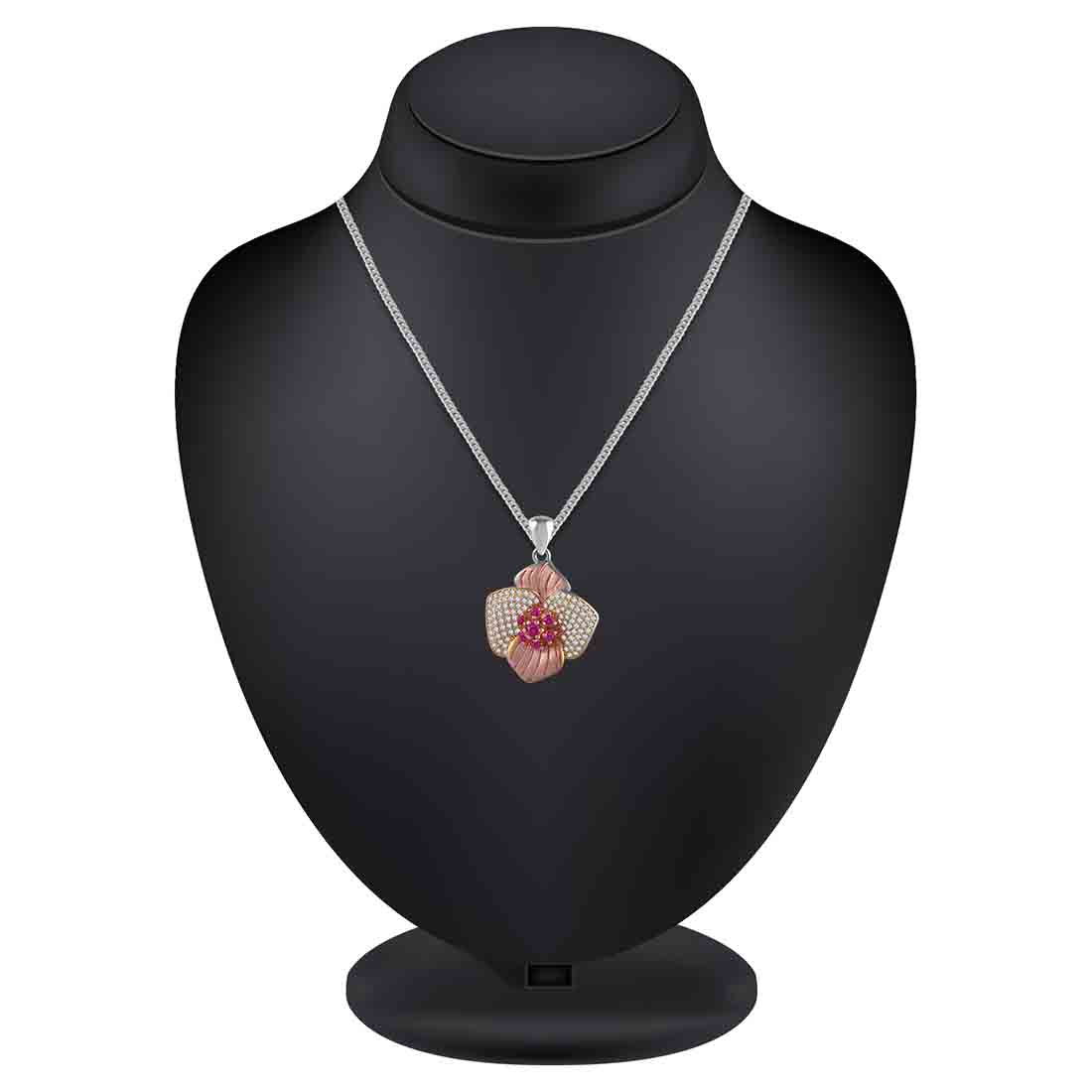 Petal With Pink Stone Flower Pendant And Earring Set For Women & Girls