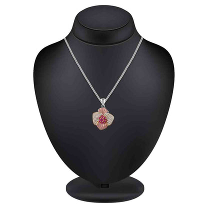 Petal With Pink Stone Flower Pendant And Earring Set For Women & Girls