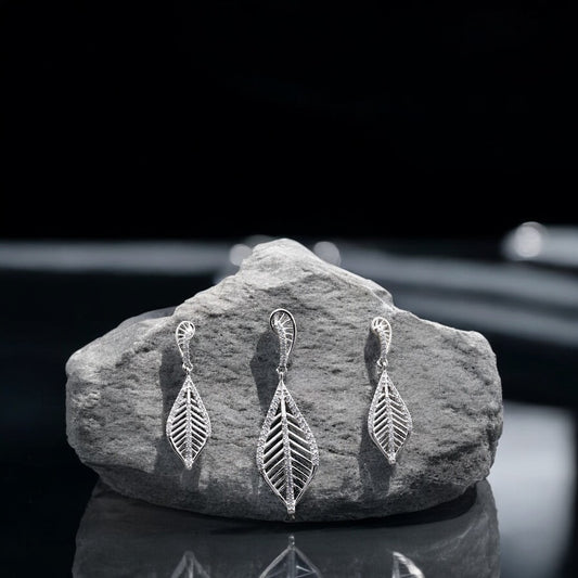 Sterling silver leaf drop stone pendant with earrings set for women and girls (without chain)