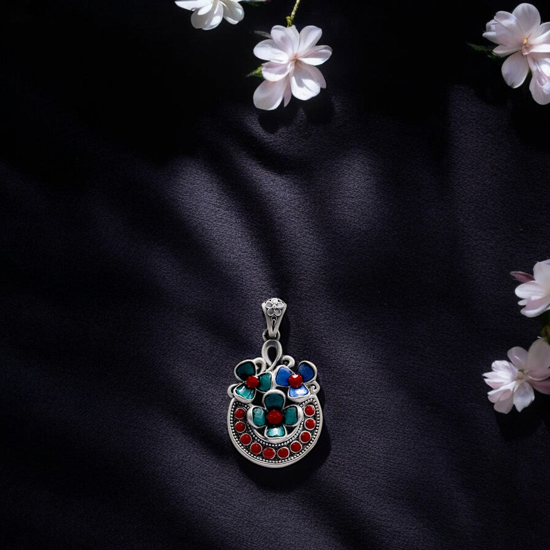 Oxidised tulip pendant with red beads for women and girls (without chain)