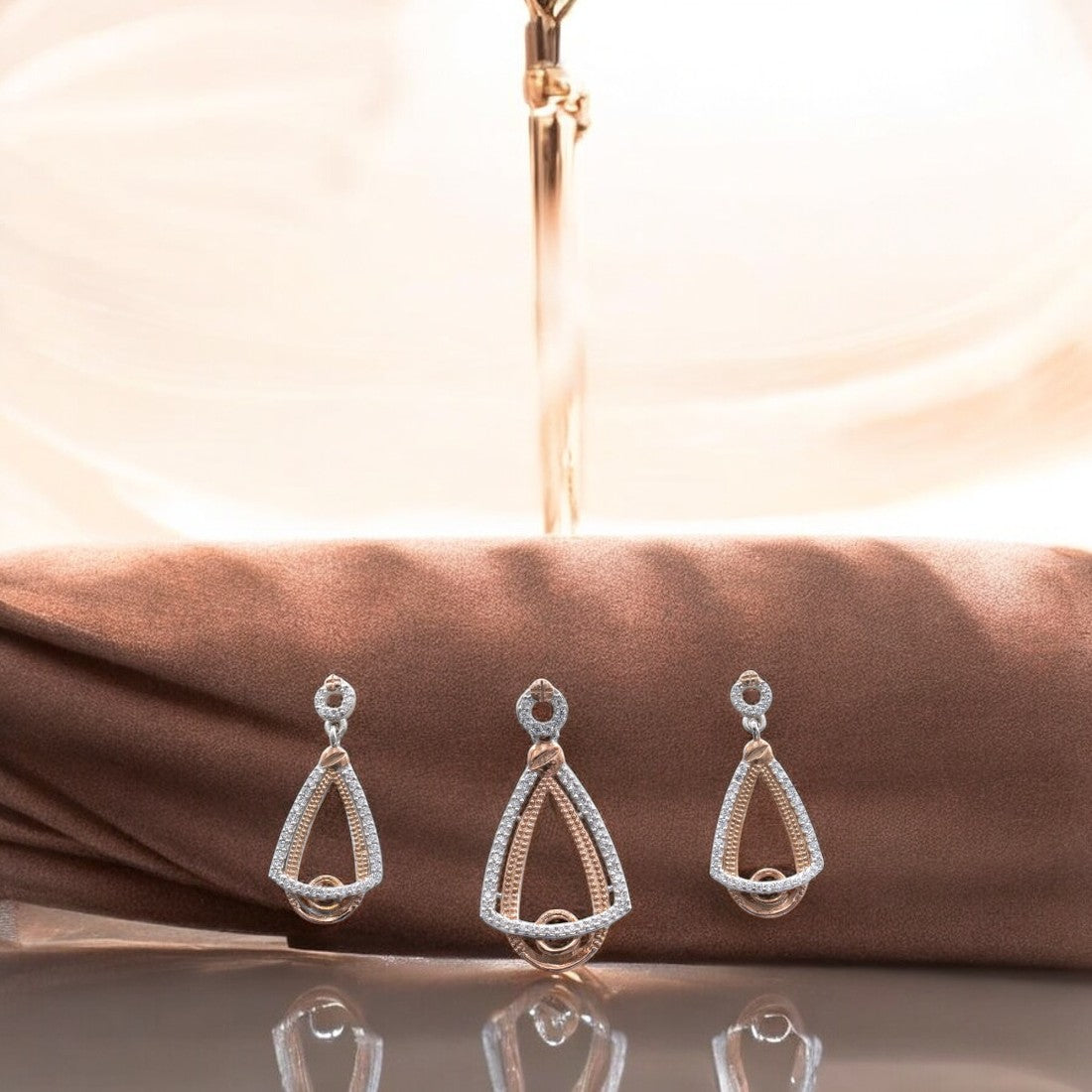 925 Sterling Silver Dual Tone Triangle Pendant Set with Matching Earrings for Women & Girls (No Chain)