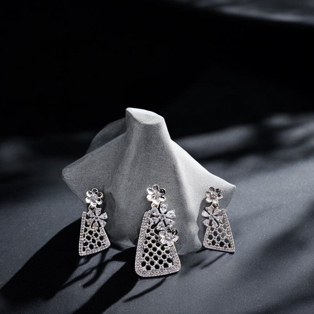 Triangle Floral Stone Pendant & Earring Set in Sterling Silver for Women & Girls (No Chain)