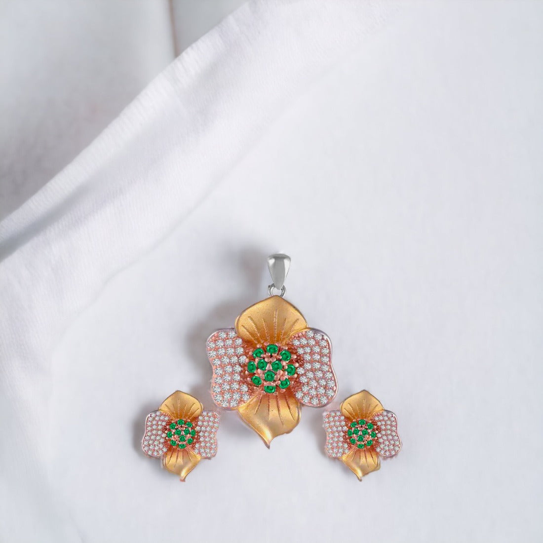 Gold Plated Flower Pendant & Earring Set(With Green Stone) For Women And Girls