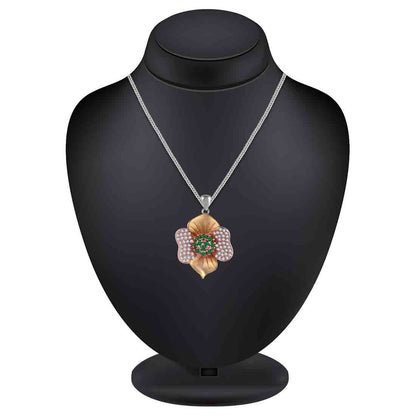 Gold Plated Flower Pendant & Earring Set(With Green Stone) For Women And Girls