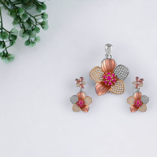 Twisted Rose Gold Plated Flower Pendant & Earring Set For Women And Girls(Without Chain)