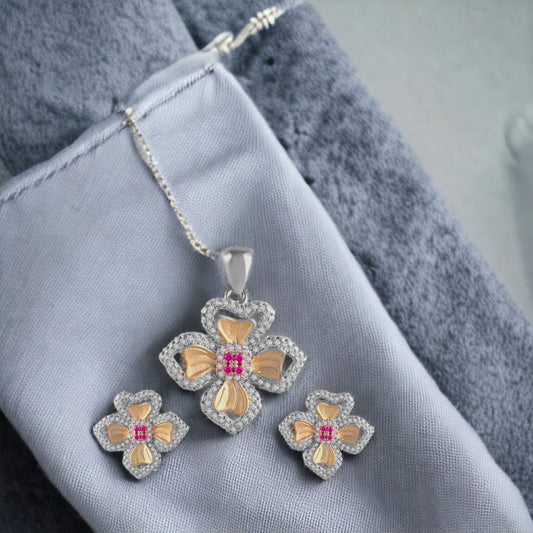 Heart Flower Pendant And Earring Set For Women & Girls(Without Chain)
