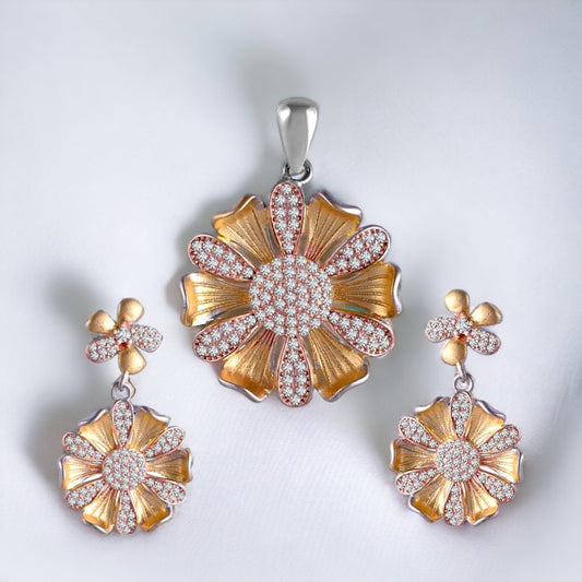 Gold Plated Sunflower Pendant And Earring Set For Women & Girls(Without Chain)