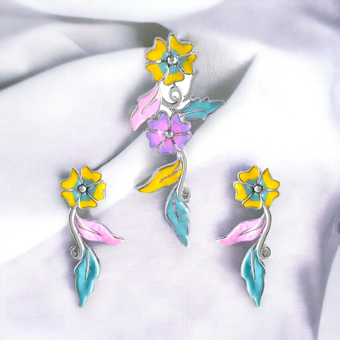 Yellow Enamel Sterling Silver Flower Pendant & Earring Set For Women And Girls