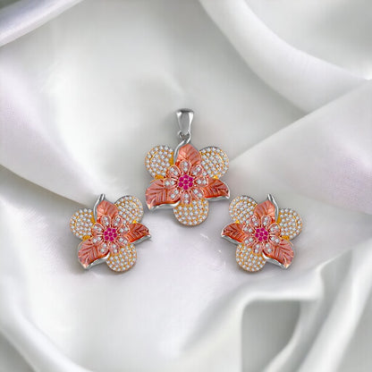 Wrapped Leaf Flower Pendant And Earring Set For Women & Girls