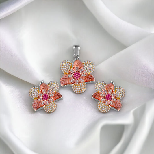 Wrapped Leaf Flower Pendant And Earring Set For Women & Girls(Without Chain)