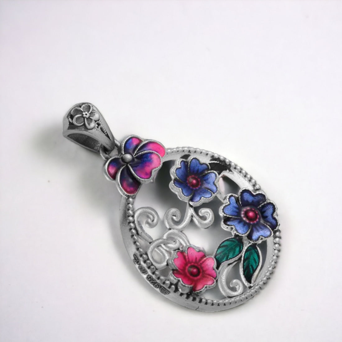Moon Tarnish Oxidized Colorful Mina-Kari Flower Pendant For Women & Girls(Without Chain)