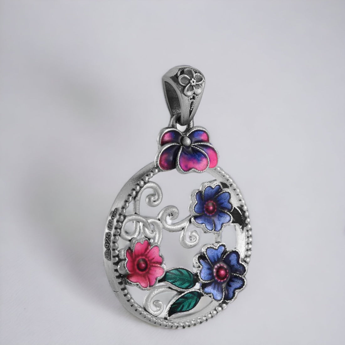 Moon Tarnish Oxidized Colorful Mina-Kari Flower Pendant For Women & Girls(Without Chain)