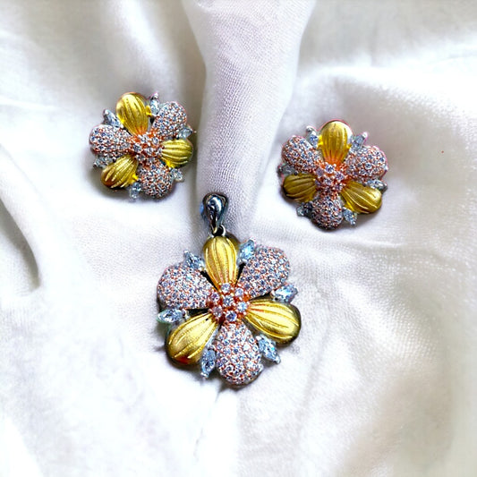 Gold Plated Stone Flower Pendant And Earring Set For Women & Girls