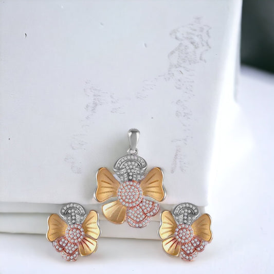 Sterling Silver Wrap Flower Pendant And Earring Set For Women & Girls