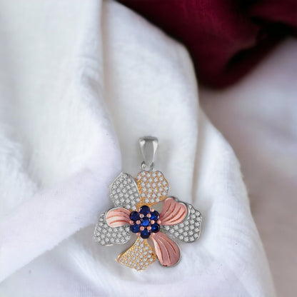 Round Blue Stone Flower Pendant And Earring Set For Women & Girls
