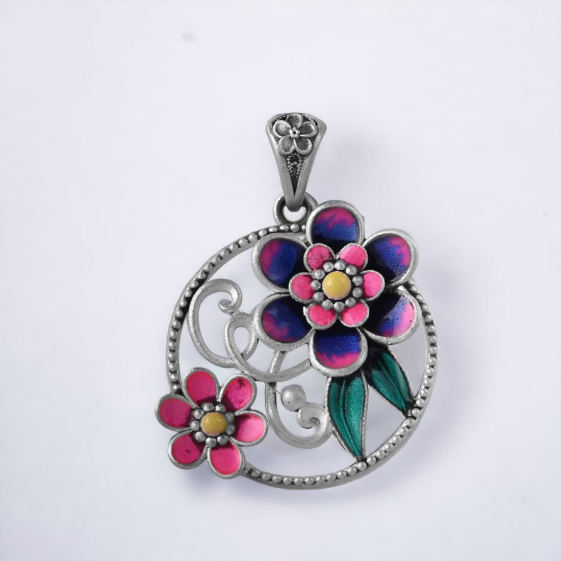 Moon Tarnish Oxidized Mina-Kari Blue & Pink Flower Pendant For Women & Girls (Without Chain)