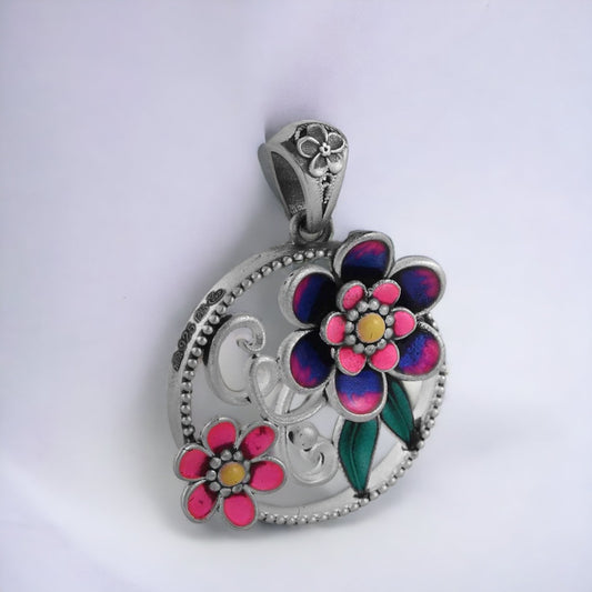Mina-Kari Blue & Pink Flower Pendant For Women & Girls