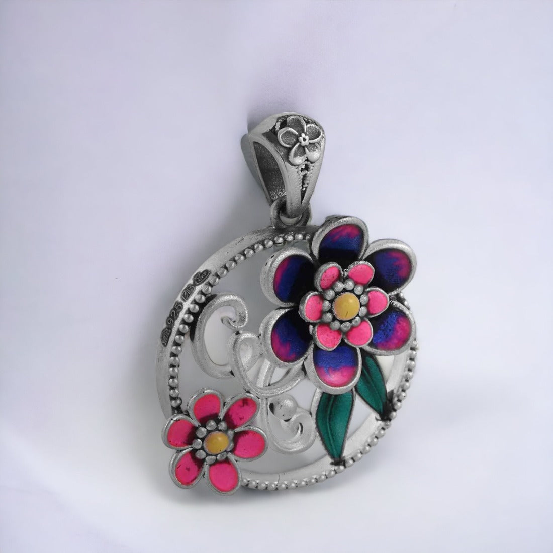 Moon Tarnish Oxidized Mina-Kari Blue & Pink Flower Pendant For Women & Girls (Without Chain)