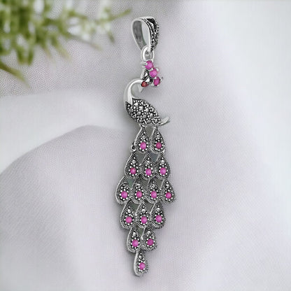 Sterling Silver Pink Stone Peacock Pendant With Earring Set
