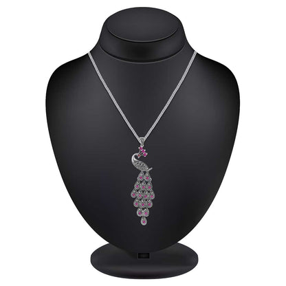 Sterling Silver Pink Stone Peacock Pendant With Earring Set