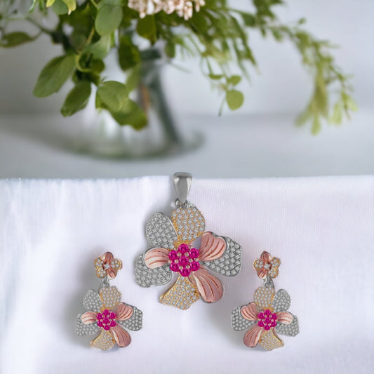 Pink Stone Round Flower Pendant And Earring Set For Women & Girls