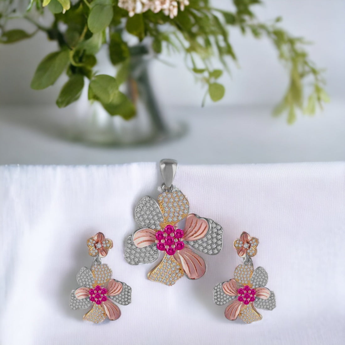 Pink Stone Flower Pendant And Earring Set For Women & Girls(Without Chain)