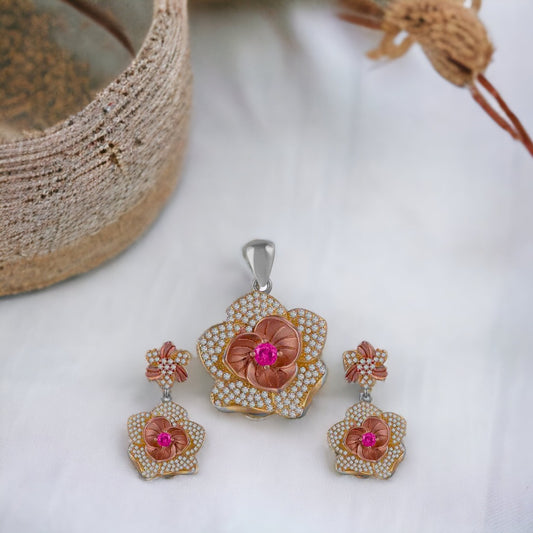 Pink Rose Pendant And Earring Set For Women & Girls