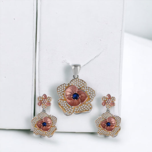 Blue Stone Flower Pendant And Earring Set For Women & Girls