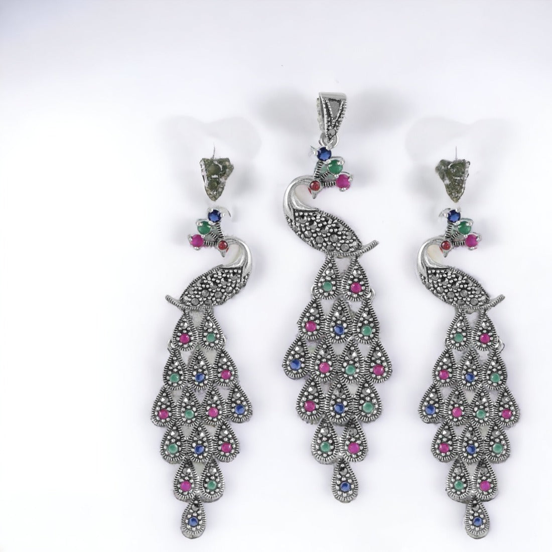 Multicolour Peacock Pendant With Earring Set