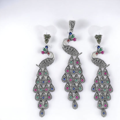 Multicolor Peacock Pendant With Earring Set