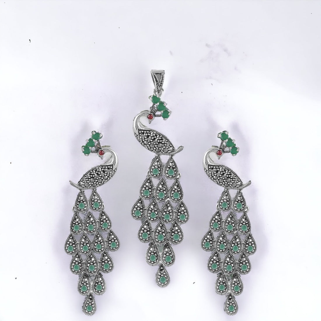 Moon Tarnish Oxidized Green Stone Peacock Pendant With Earring Set(Without Chain)