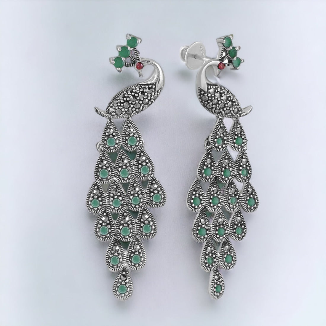 Moon Tarnish Oxidized Green Stone Peacock Pendant With Earring Set(Without Chain)