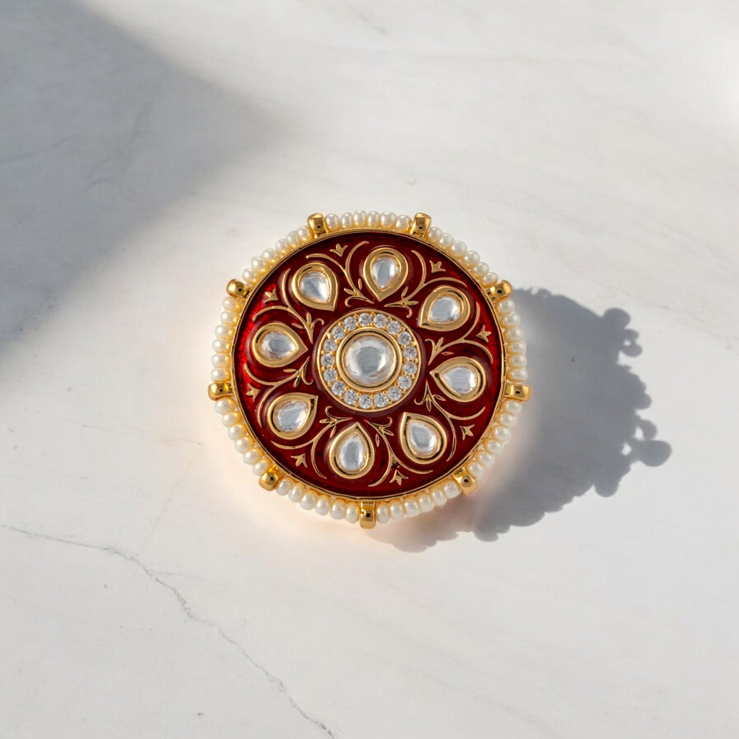 Sterling Silver Midnight Bloom Gold Plated Maroon Meenakari Adjustable Cocktail ring for Women and Girls