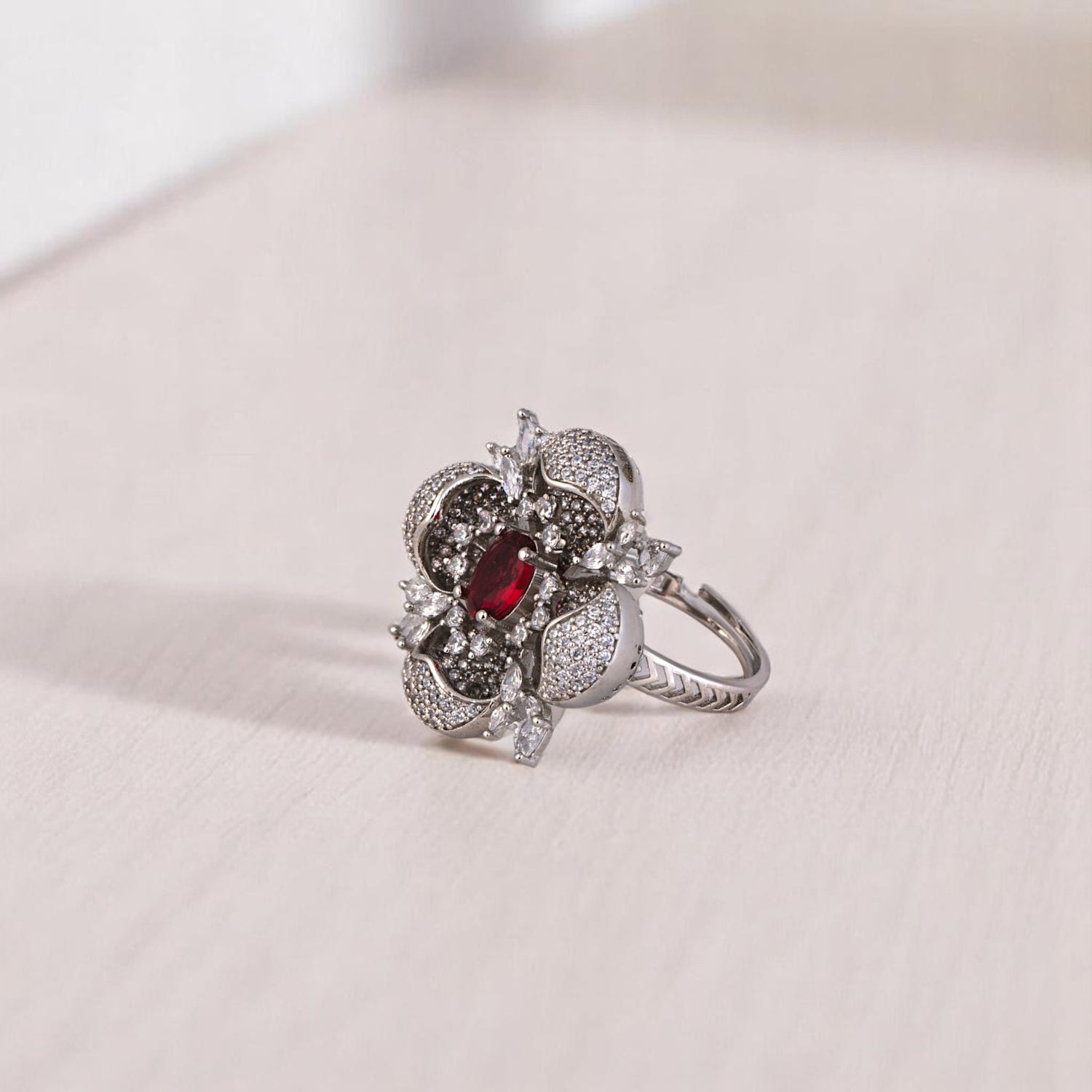 Sterling Silver Midnight Bloom Royal Maroon Stone Adjustable Cocktail Ring For Women and Girls