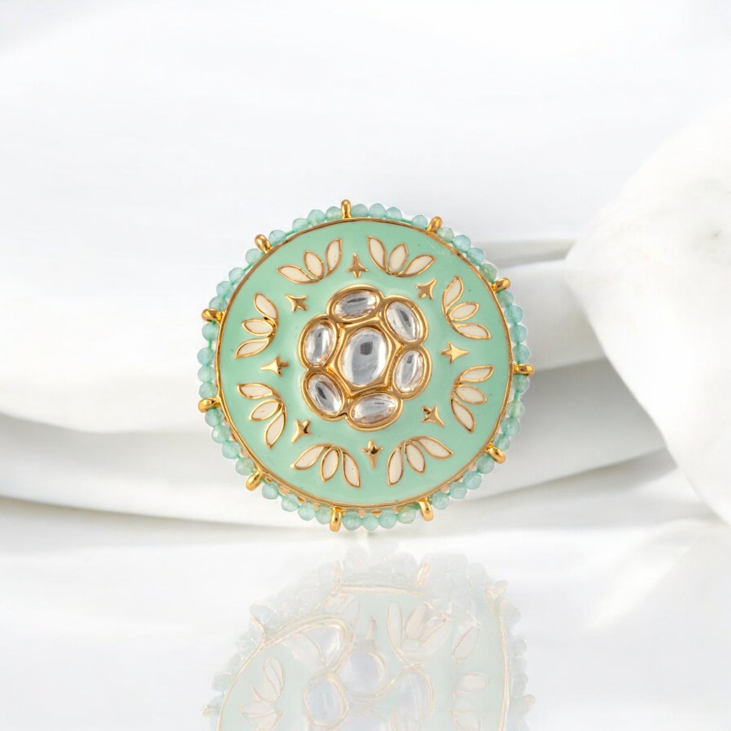 Sterling Silver Midnight Bloom Gold Plated Mint Enamel Adjustable Cocktail Ring for Women and Girls