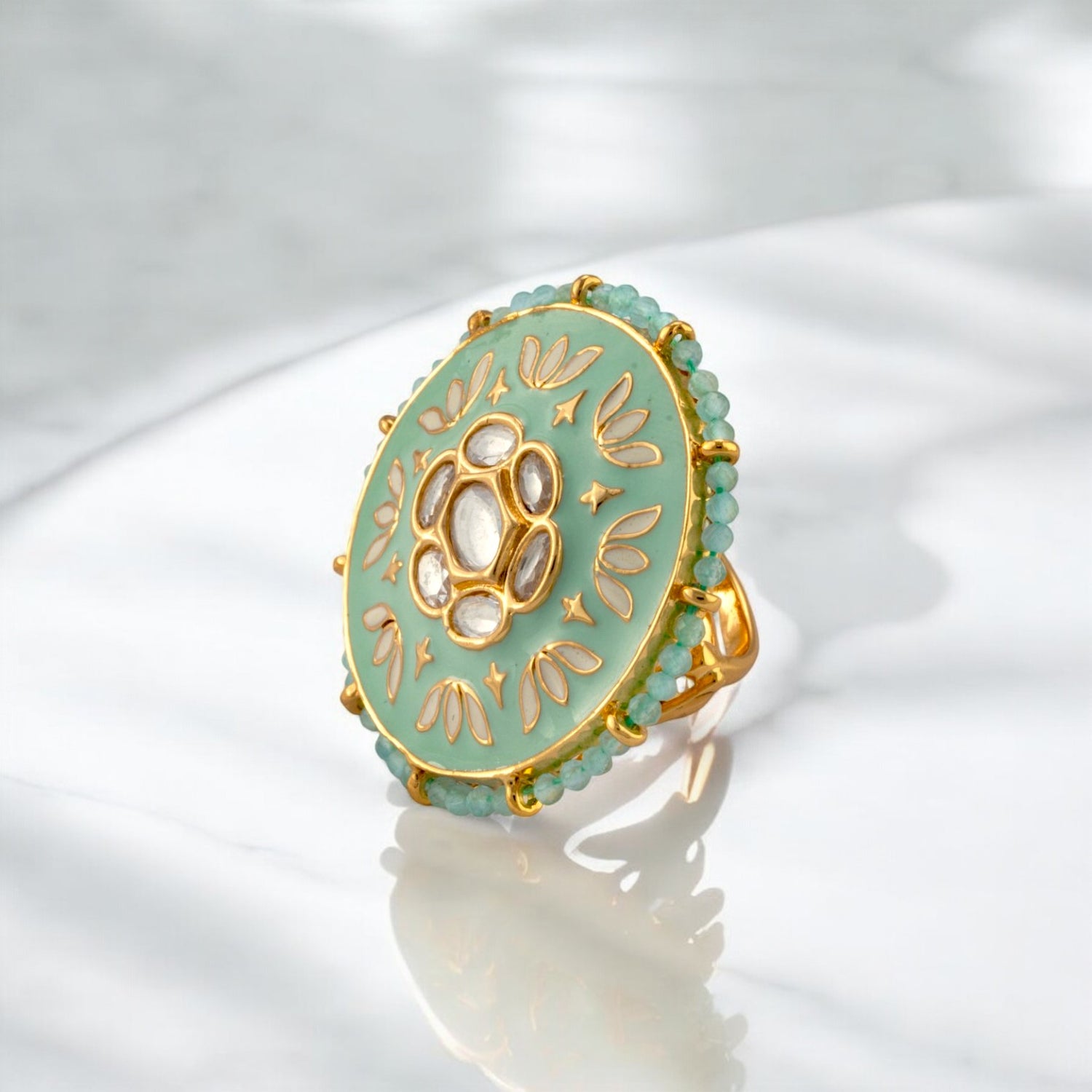 Sterling Silver Midnight Bloom Gold Plated Mint Enamel Adjustable Cocktail Ring for Women and Girls