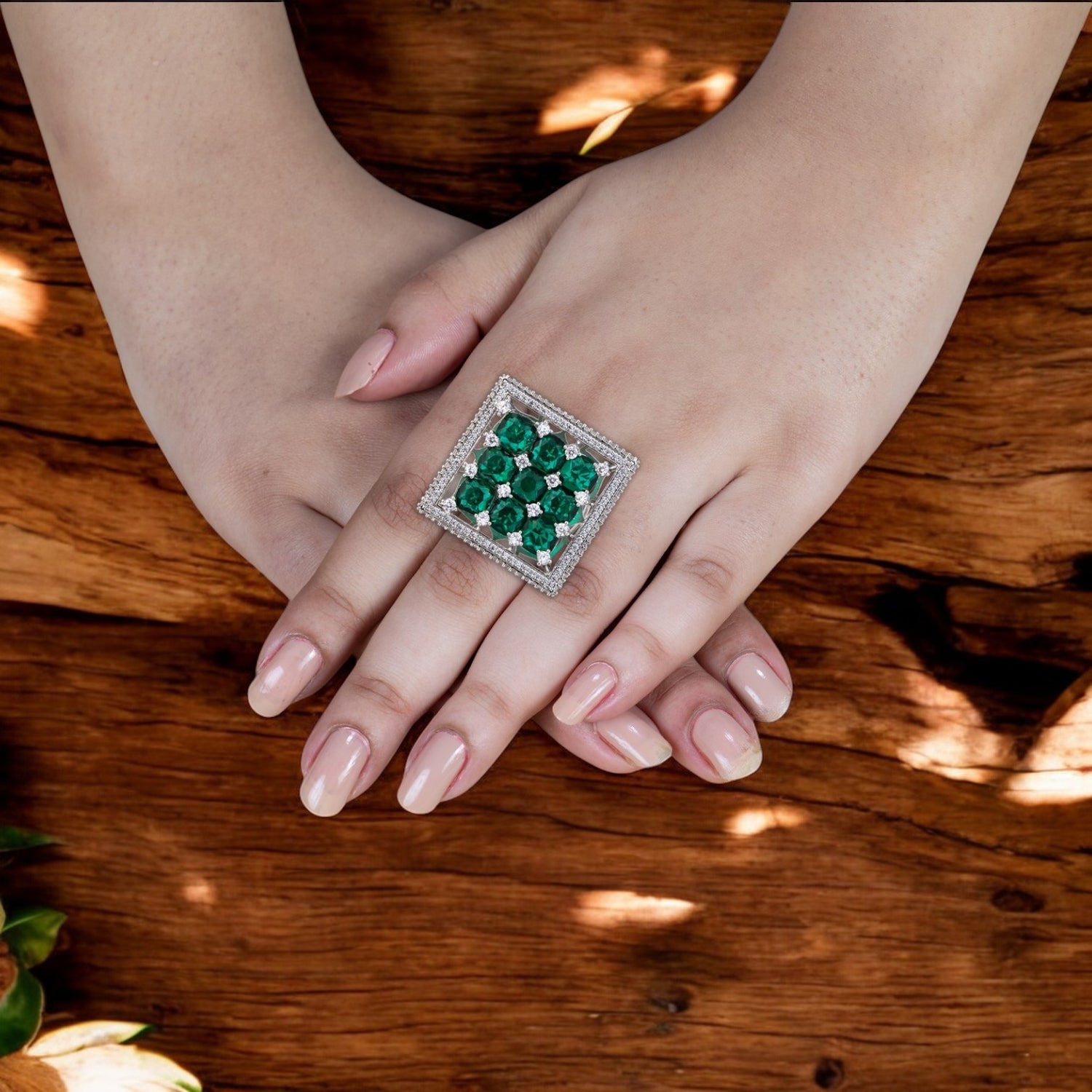 Green Stone Midnight Bloom Cocktail Ring for Women & Girls