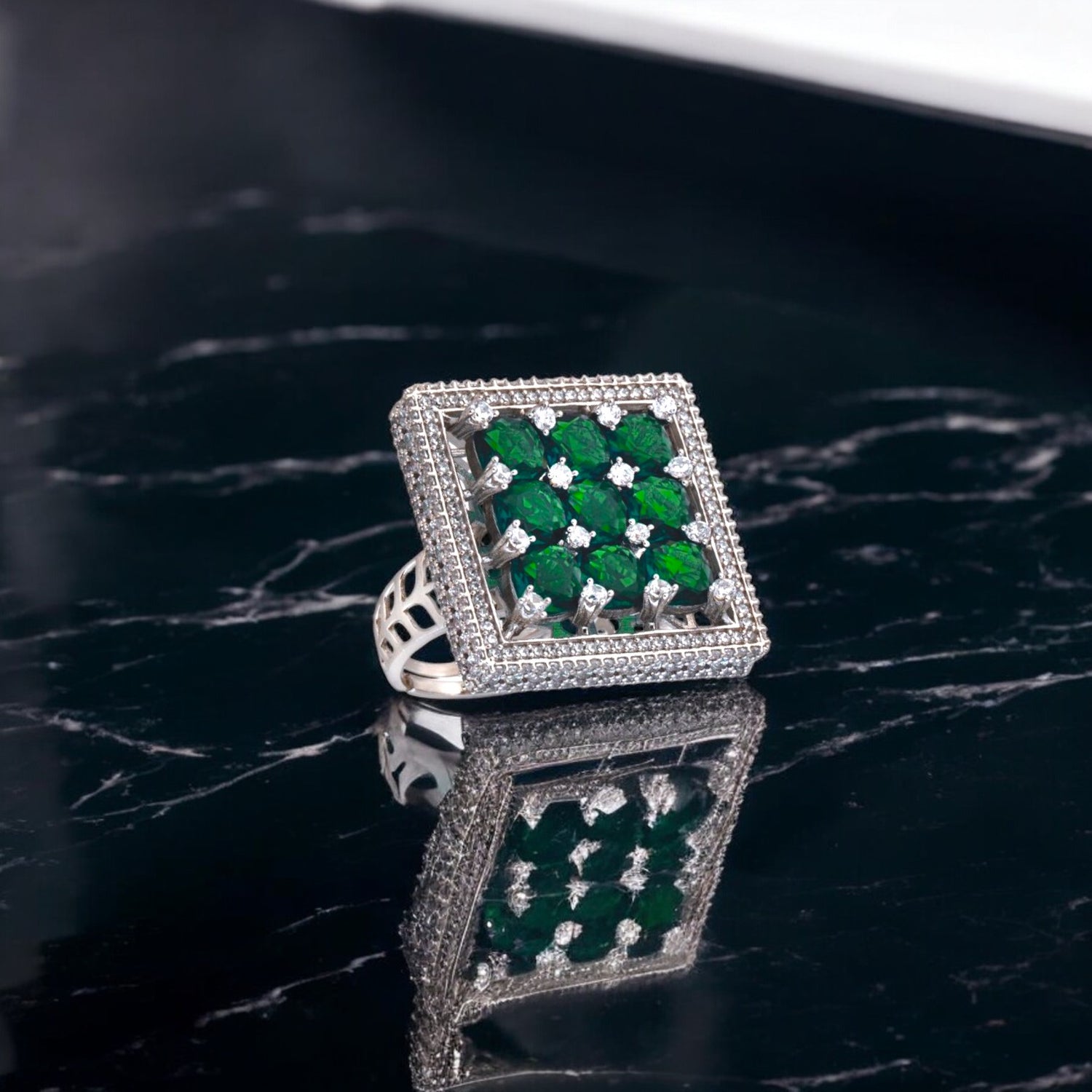 Green Stone Midnight Bloom Cocktail Ring for Women & Girls