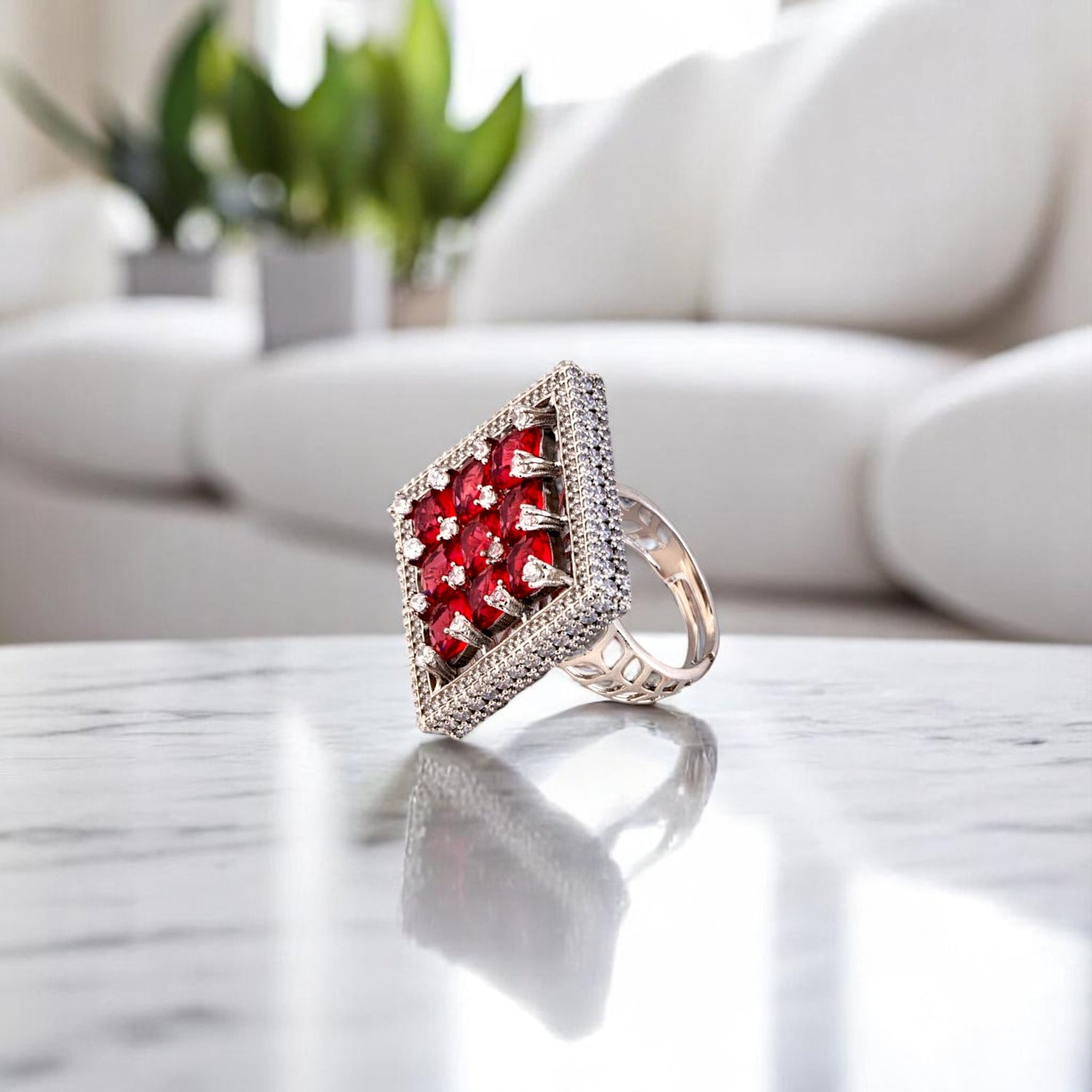 Sterling Silver Midnight Bloom Red stone Adjustable Cocktail ring for Women and Girls