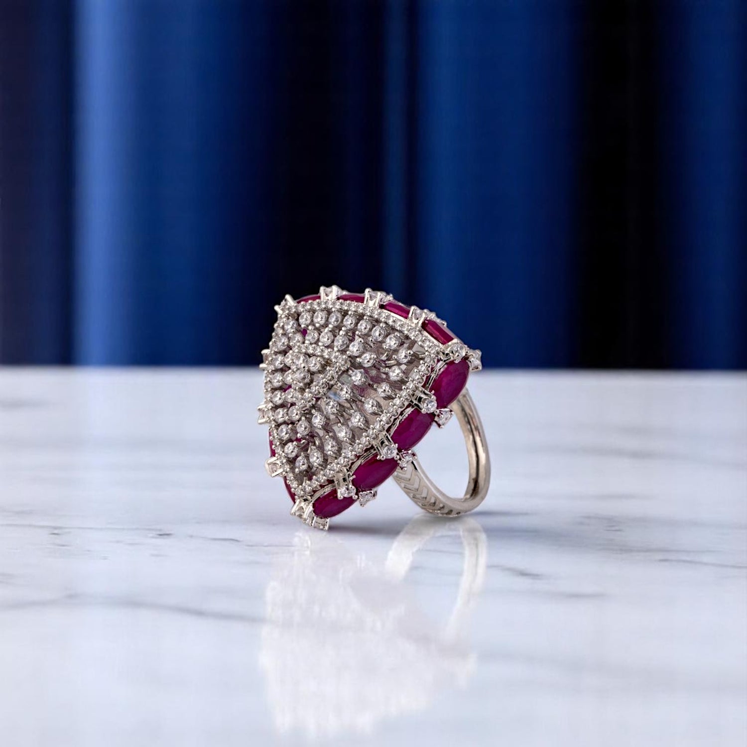 Sterling Silver Midnight Bloom Triangle Zircon Studded Adjustable Cocktail Ring For Women and Girls