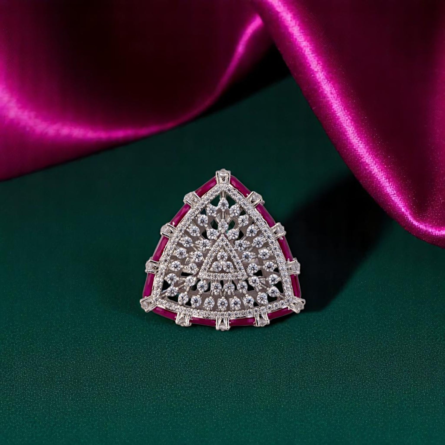 Sterling Silver Midnight Bloom Triangle Zircon Studded Adjustable Cocktail Ring For Women and Girls