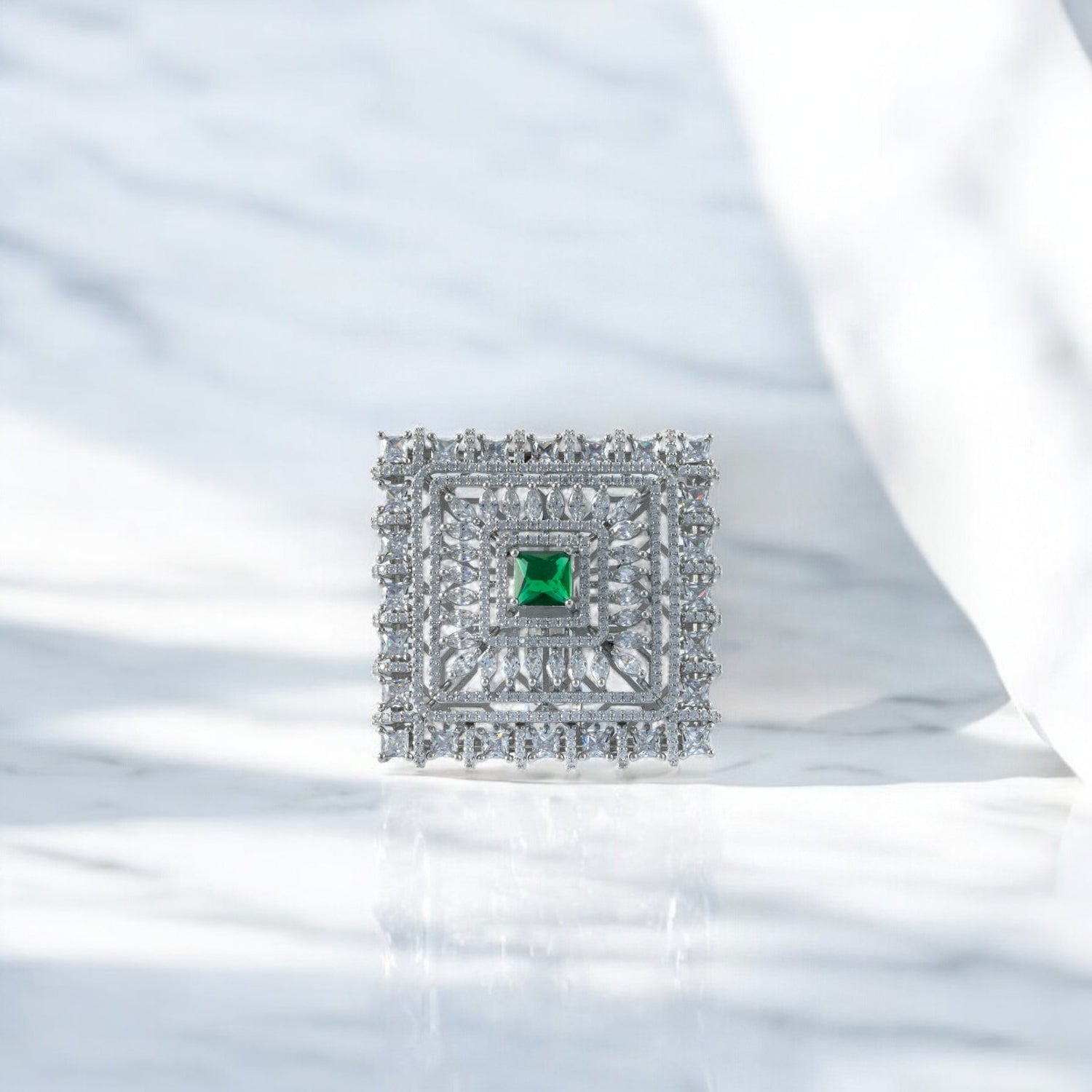 Sterling Silver Midnight Bloom Green Zircon Studded adjustable Cocktail Ring for Women and Girls