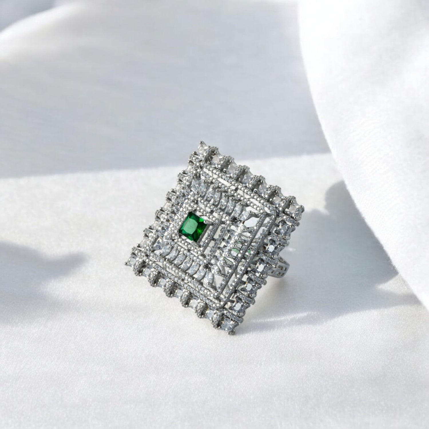 Sterling Silver Midnight Bloom Green Zircon Studded adjustable Cocktail Ring for Women and Girls